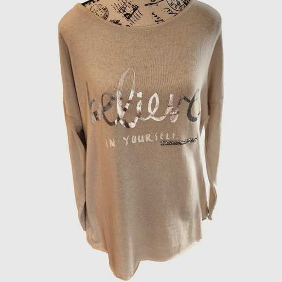 Elissia Blouse Women's Size M Beige Cursive Long Sleeve Made in Italy - Picture 2 of 16